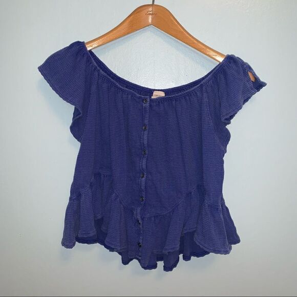We the Free - Free People Blue Waffle Knit Button Up Short Sleeve - Picture 1 of 3